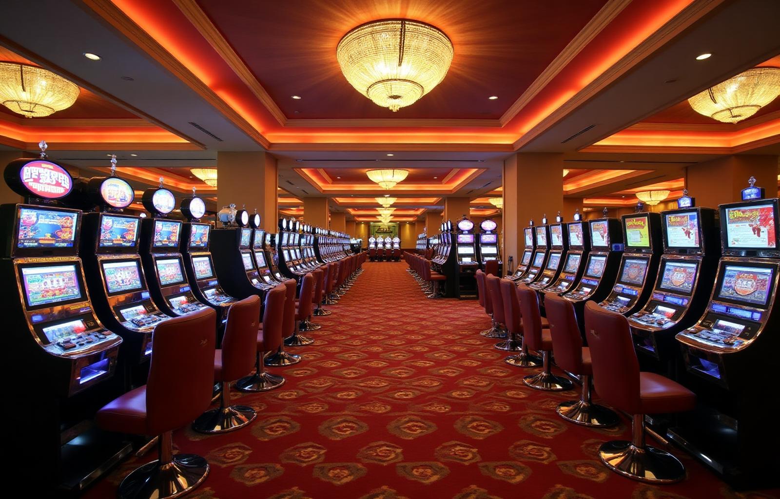 Elegant casino gaming floor with slot machines and chandeliers at Top Hotel And Casino Resort