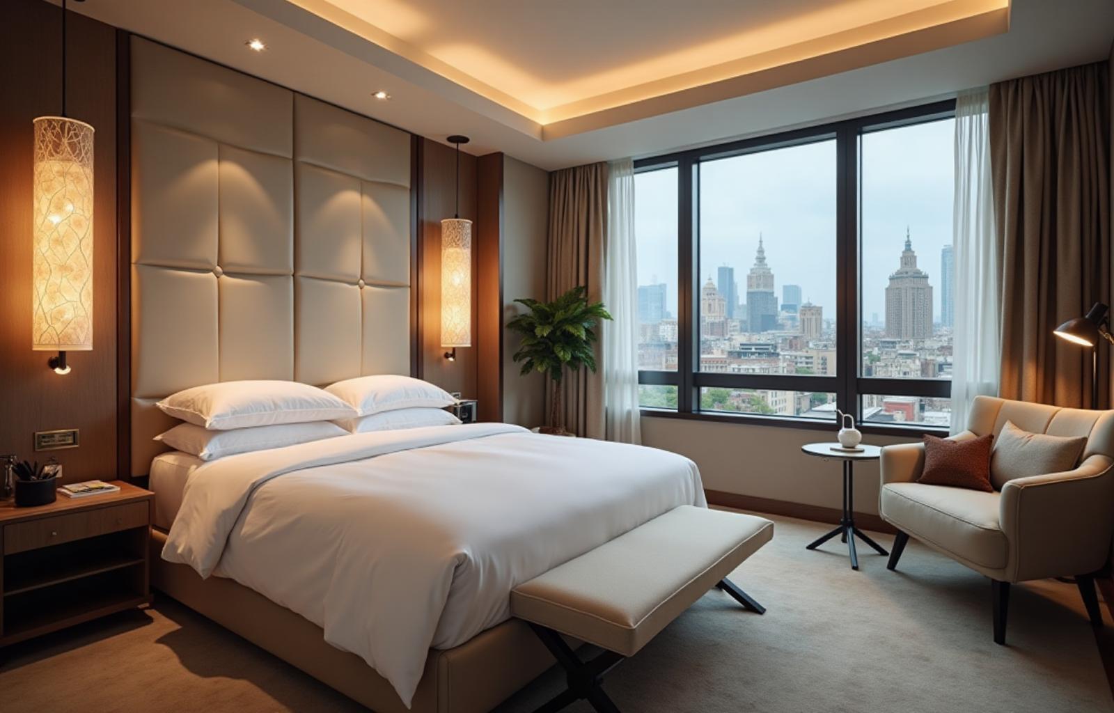 Luxury hotel suite with king bed and city views at Top Hotel And Casino Resort