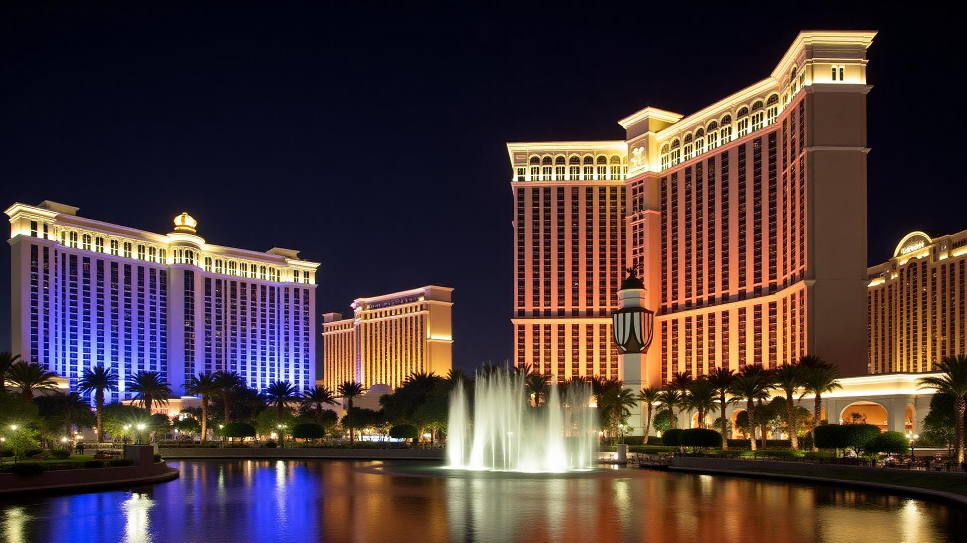 Luxurious Top Hotel And Casino Resort exterior at night with illuminated facade and fountains